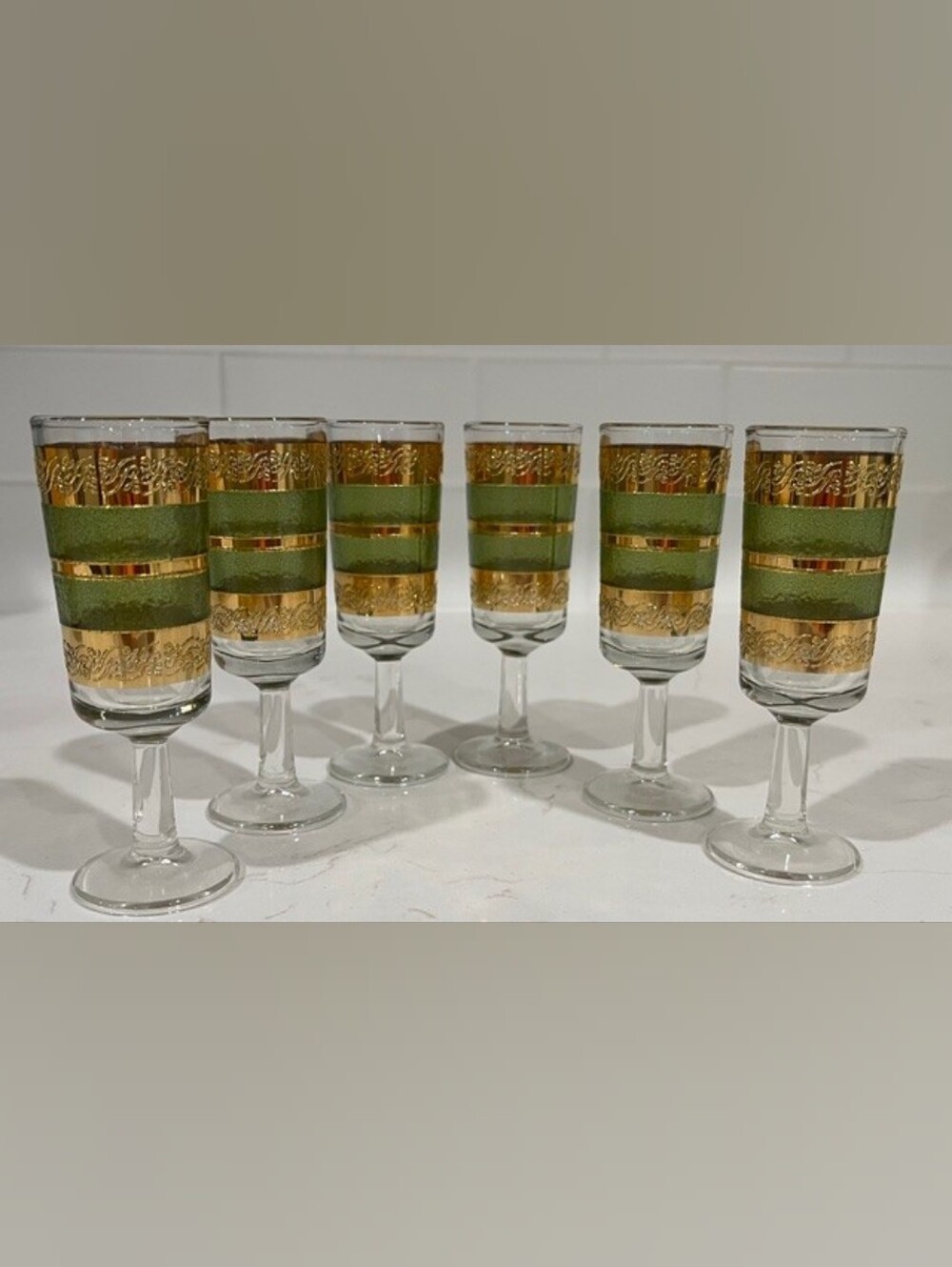 MCM Culver Starlyte Green & 22K Gold Scroll‎ Stemmed Cordial Glasses - Set of 6